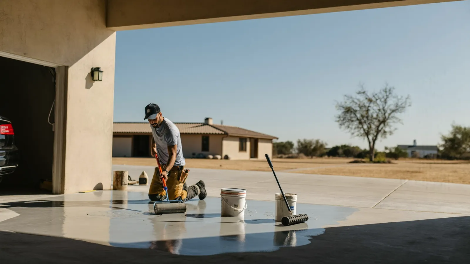 Contractor spreading epoxy coating on a garage floor